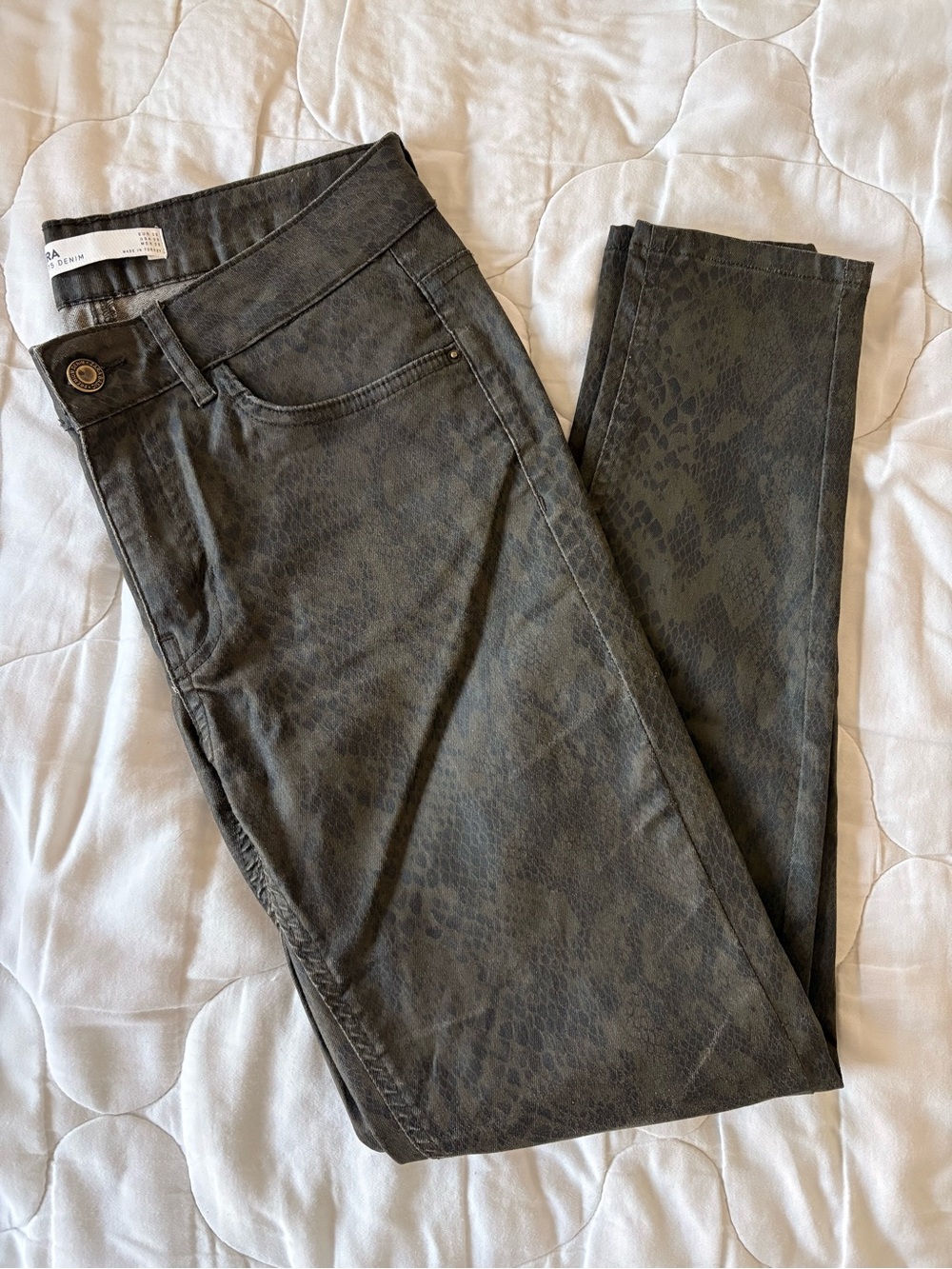 Zara Olive Green Snake-Print Skinny Jeans